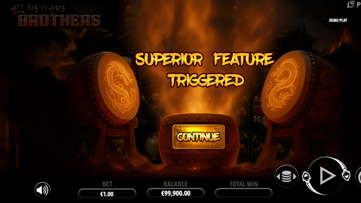 All Men Are Brothers slot game interface showing warriors and bonus features